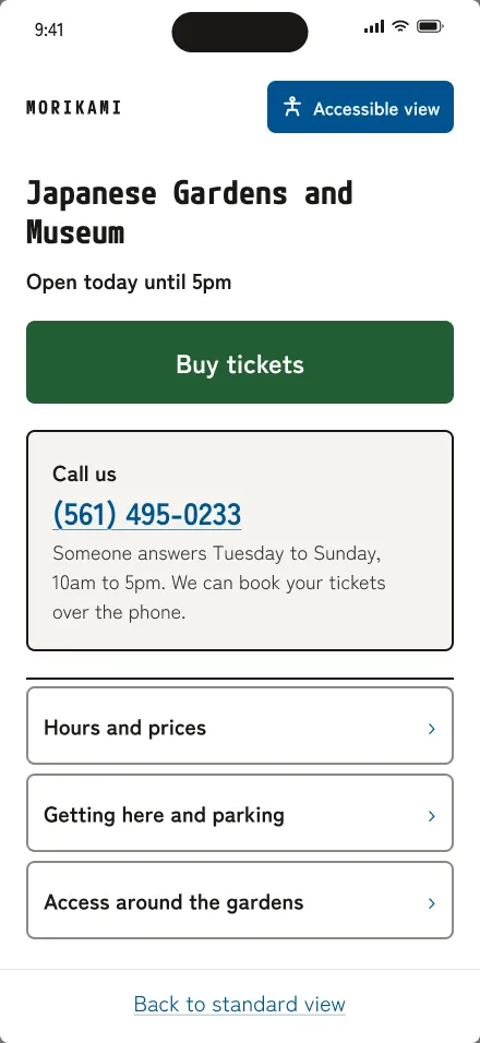 The accessible home screen: white, large type, one Buy tickets button and a Call us box.