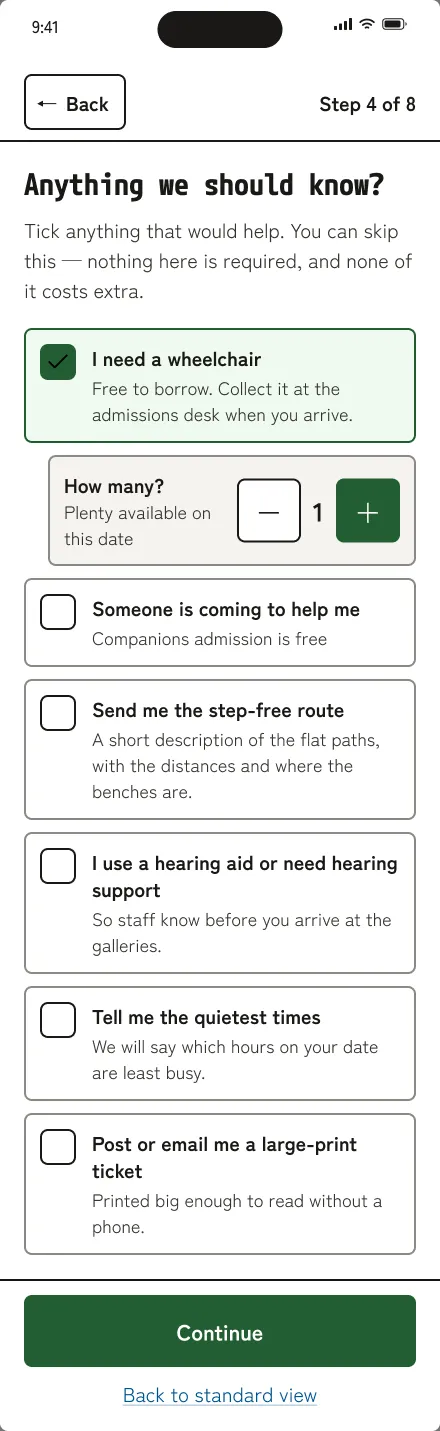 Accessible mode, step 4 of 8: Anything we should know? Large rows, each with a plain label and one sentence underneath.