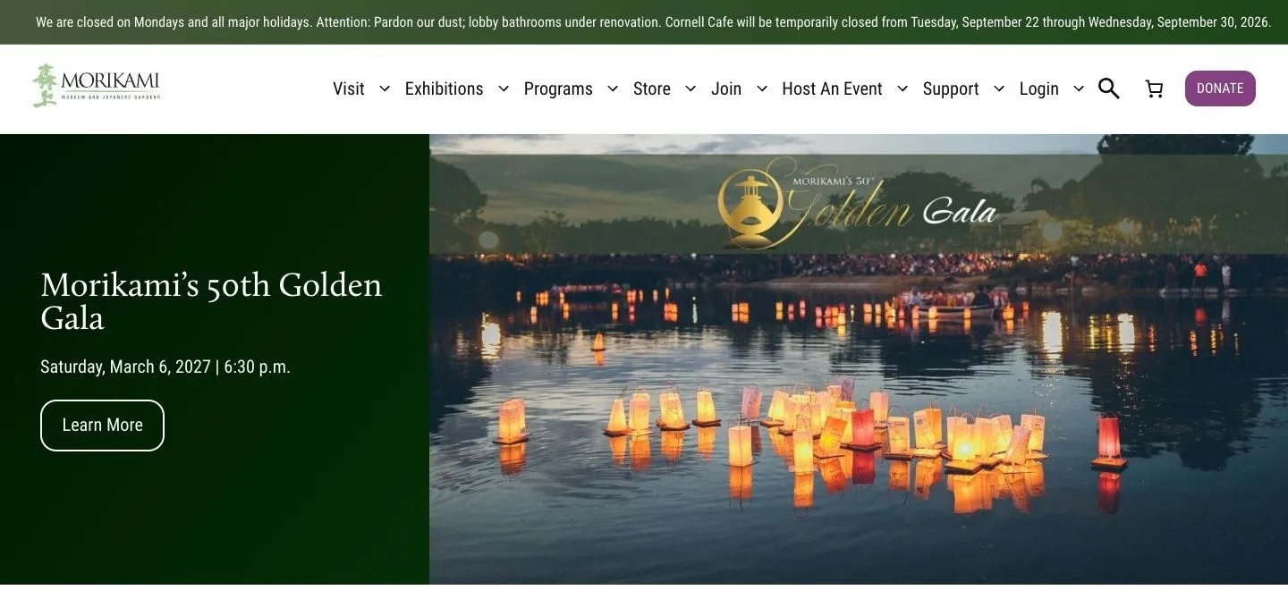 The top of the morikami.org homepage: the logo, eight menu items, a search icon, a cart, and one purple button labelled Donate, above a photo of lanterns on the pond.
